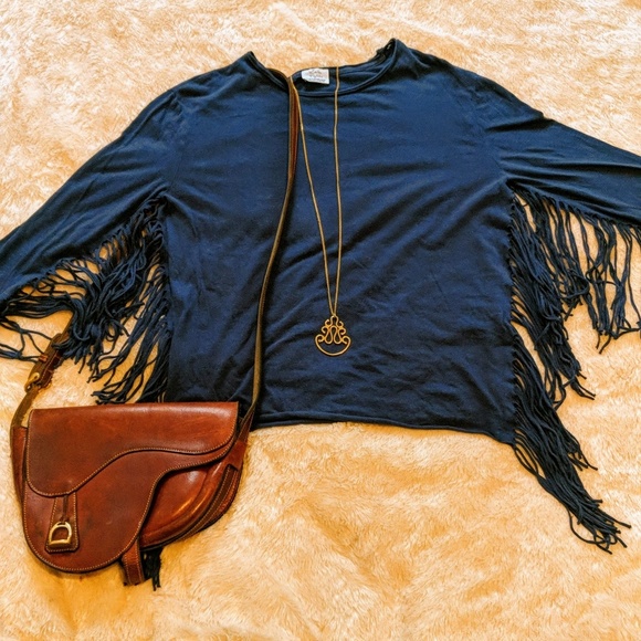 3/$20 Zara Blue Fringe Sleeve Boho Sweater Top - Picture 2 of 5